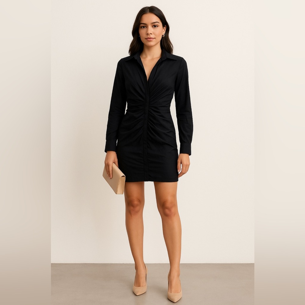 Zara Black Collared Ruched Shirt Dress Long Sleeve Size M